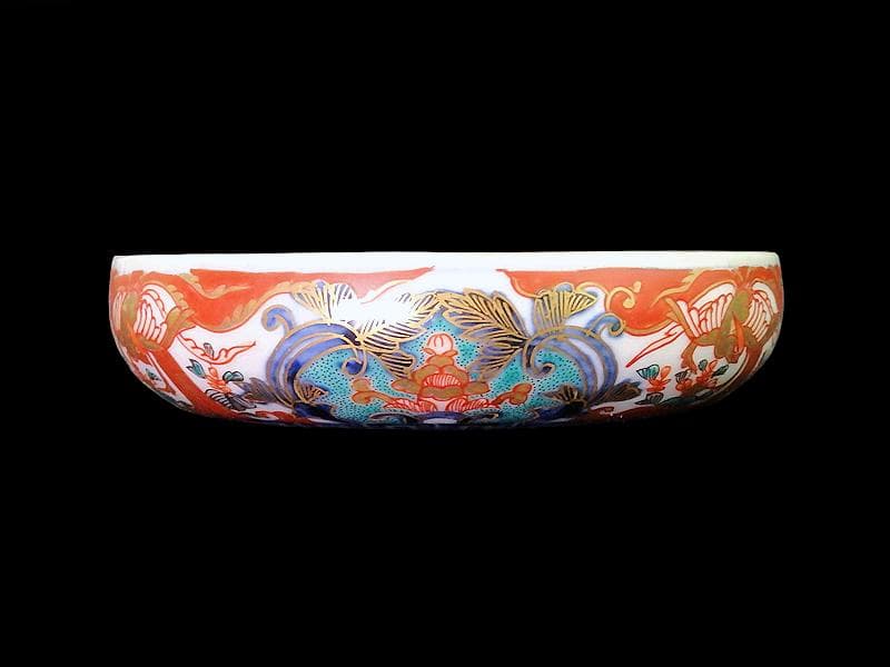古伊万里　金襴手　窓絵　鳳凰に花の図　４寸皿　E694AS-CZq