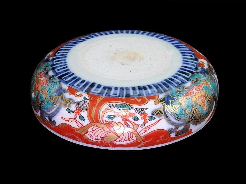 古伊万里　金襴手　窓絵　鳳凰に花の図　４寸皿　E694AS-CZq