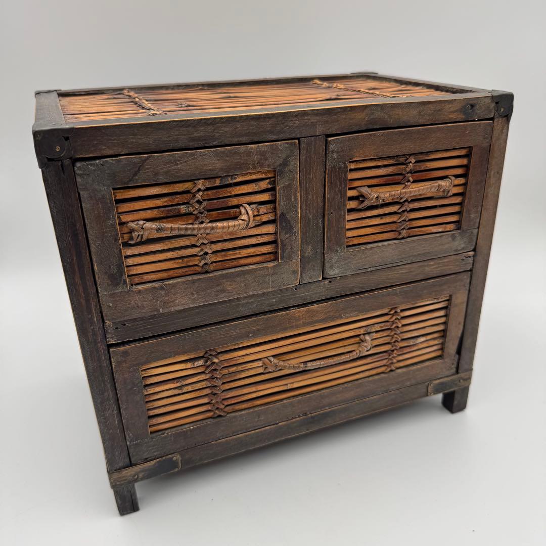 【竹編小箪笥　煎茶器局】茶道具　小物入れ　時代　茶器　竹細工