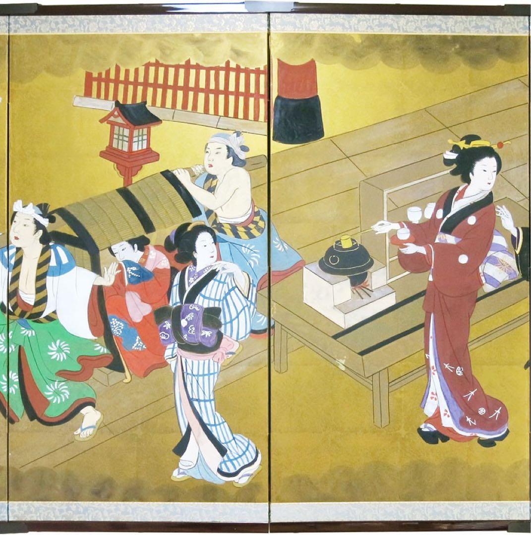 四つ折り屏風　日本画　金箔彩色　花見遊山