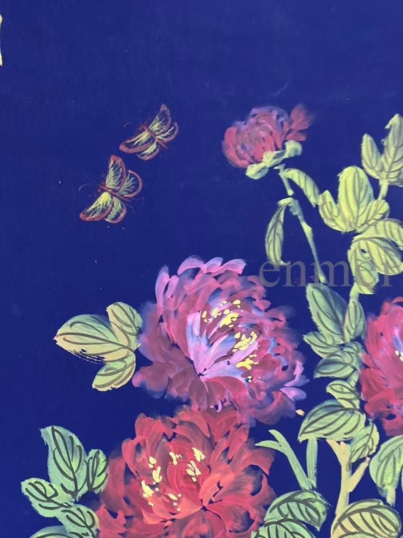 中国古美術・旧藏珍品・齐白石款・花卉画・宣紙・純手描き・掛軸・中堂畫・藍地装飾