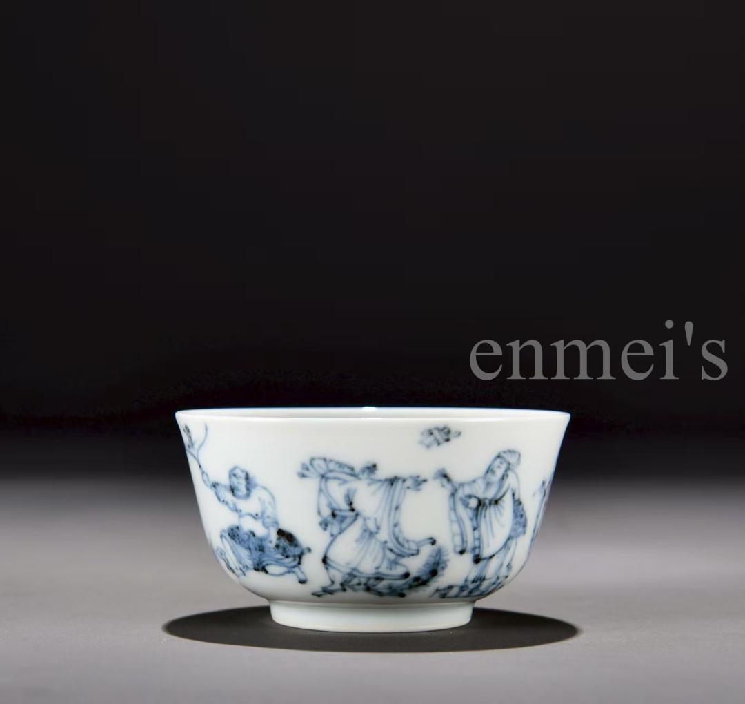 中国古美術 清康熙 青花八仙逍遥図碗 青花磁 唐物 骨董品 時代物 茶碗 青白磁
