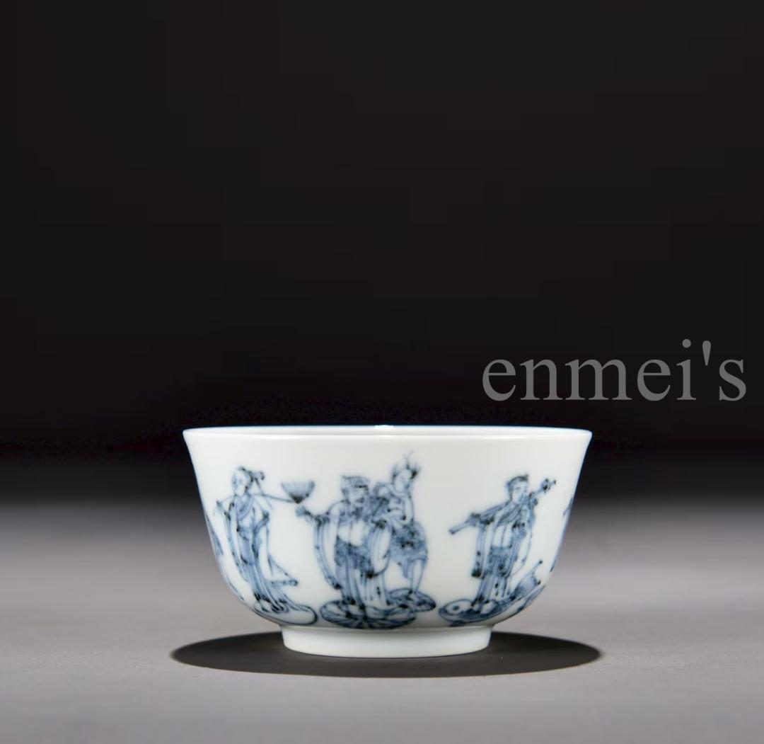 中国古美術 清康熙 青花八仙逍遥図碗 青花磁 唐物 骨董品 時代物 茶碗 青白磁