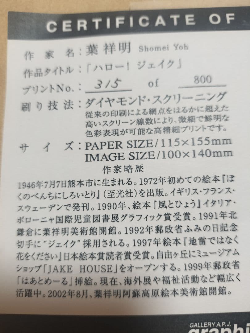 葉祥明　ハロー！ジェイク　限定品　No.315