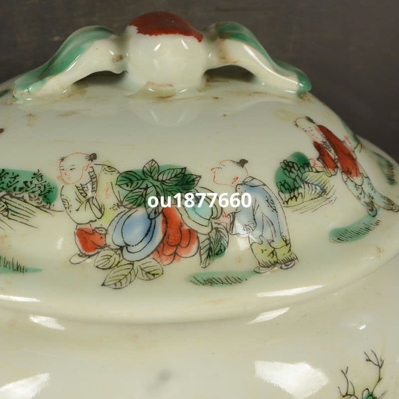 景徳鎮 童子戯れ人物蓋缶 陶磁器 装飾品 現代工芸品 美術品 置物