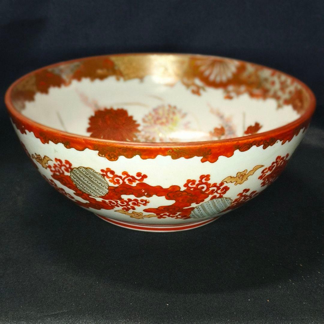 古九谷 赤絵金彩碗 花鳥図 手描き 明治骨董 古美術品 コレクター放出美品 桐箱