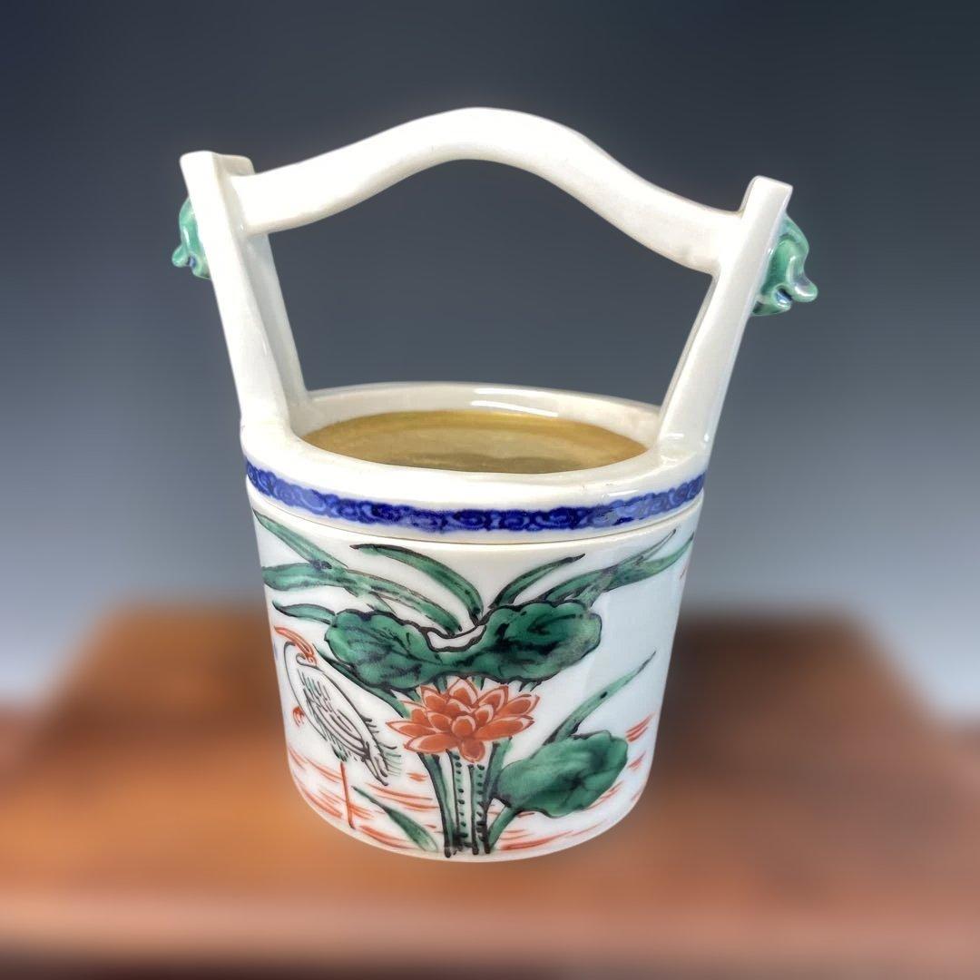 【茶道具】高野昭阿弥造　赤絵手桶茶器（共箱）