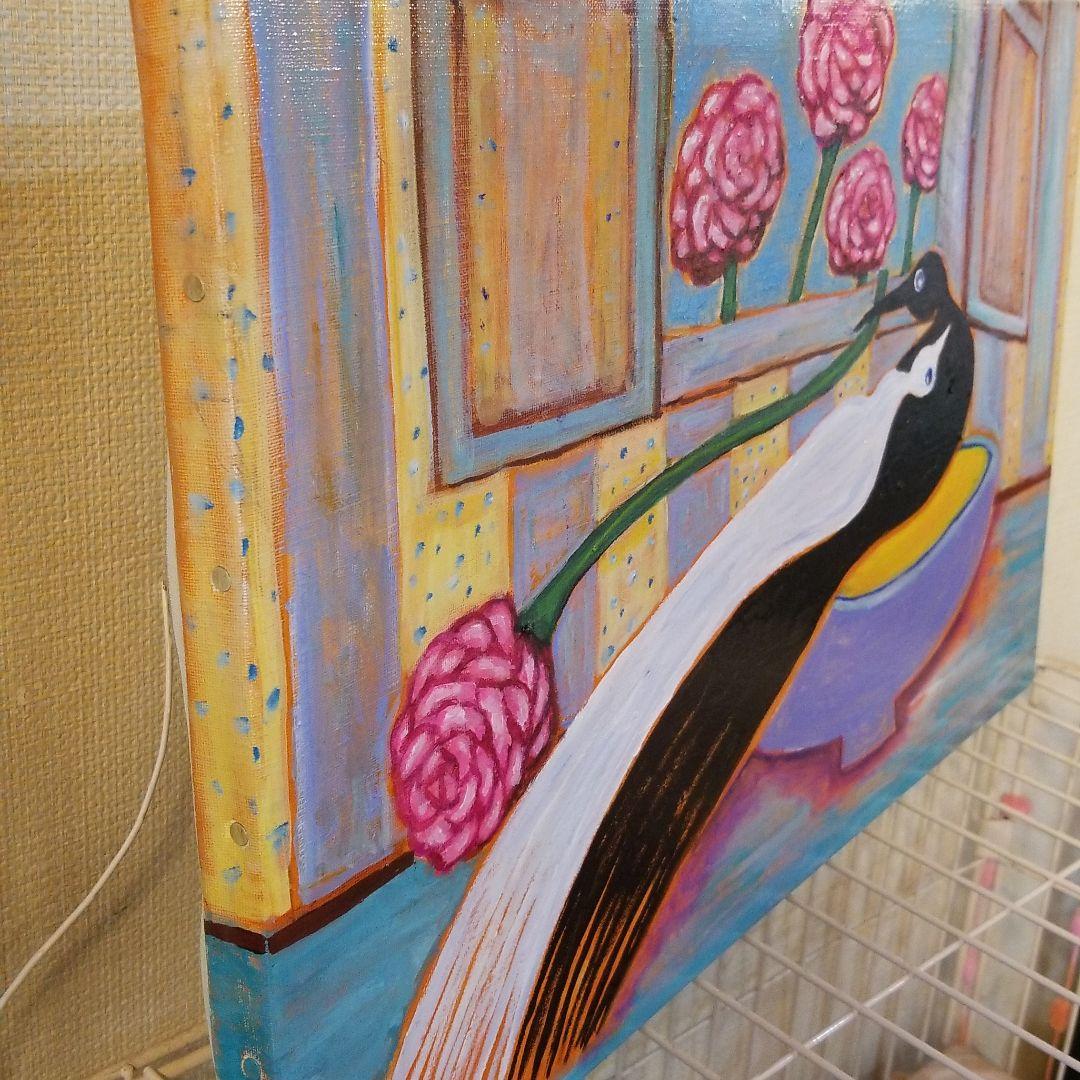油絵　専用　バラを捧げる鳥 　横53.3cm