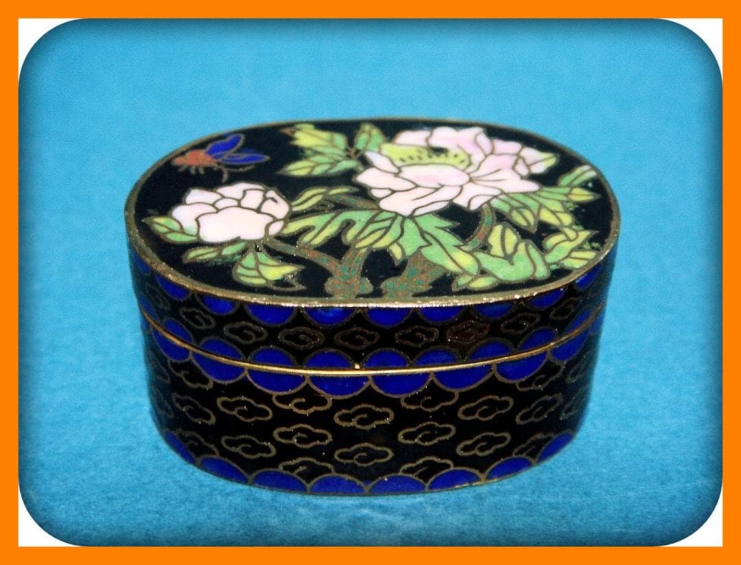 785『七宝 花蝶 香合』黒　/骨董品 古美術 アンティーク 古玩