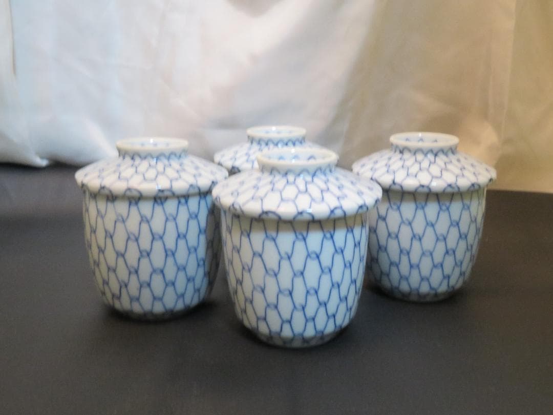 ◆401◆青網蓋付湯呑 芳山 網目　4客 和骨董 japanese craft