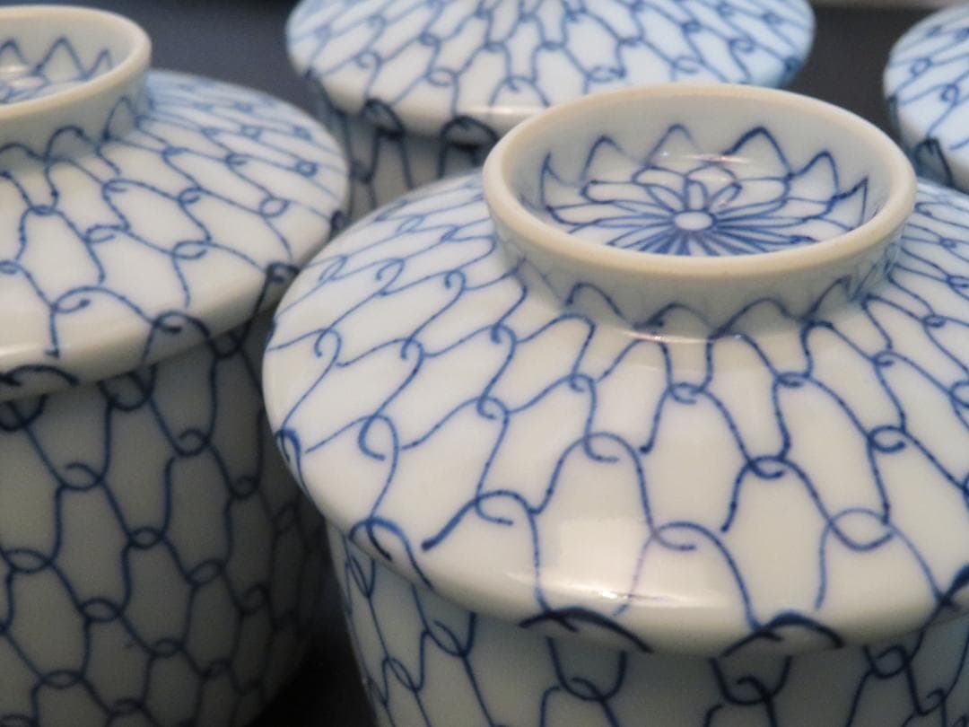 ◆401◆青網蓋付湯呑 芳山 網目　4客 和骨董 japanese craft