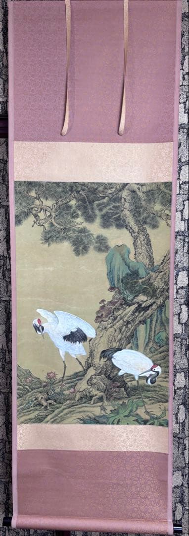 掛軸　水墨画　松鶴図 謝陽画中国　絵画　鶴　松　箱付　張大千大風堂