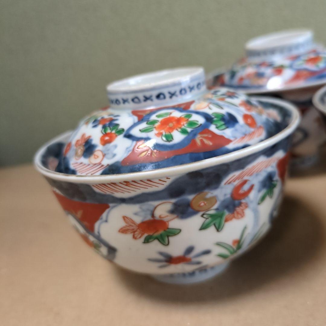 骨董 伊万里 古伊万里 蓋茶碗 色絵 煮物碗 飯碗 　アンティーク　5つ