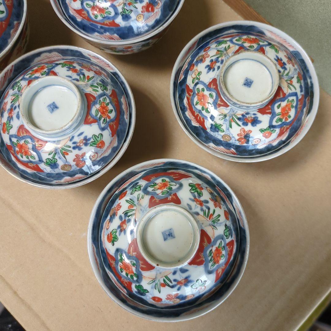 骨董 伊万里 古伊万里 蓋茶碗 色絵 煮物碗 飯碗 　アンティーク　5つ
