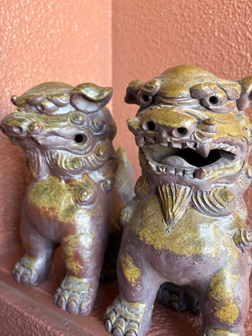 沖縄シーサー 陶器 置物 ペア ヴィンテージ 魔除け 縁起物