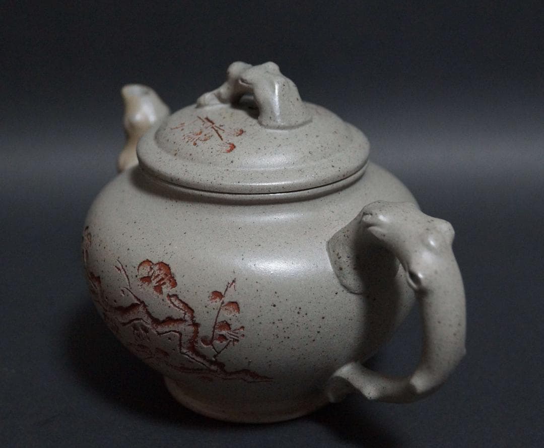 中国工芸美術師 徐進蘭造 細工彫り梅図 造形急須 手造り紫砂壺 茶道具★美品★