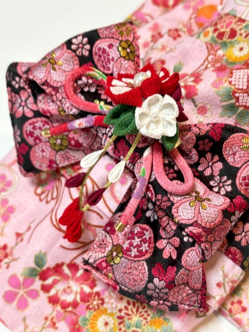 ★新作★完成品☆犬服☆つまみ細工帯飾り付き 犬用着物女の子用 華 ピンクSサイズ