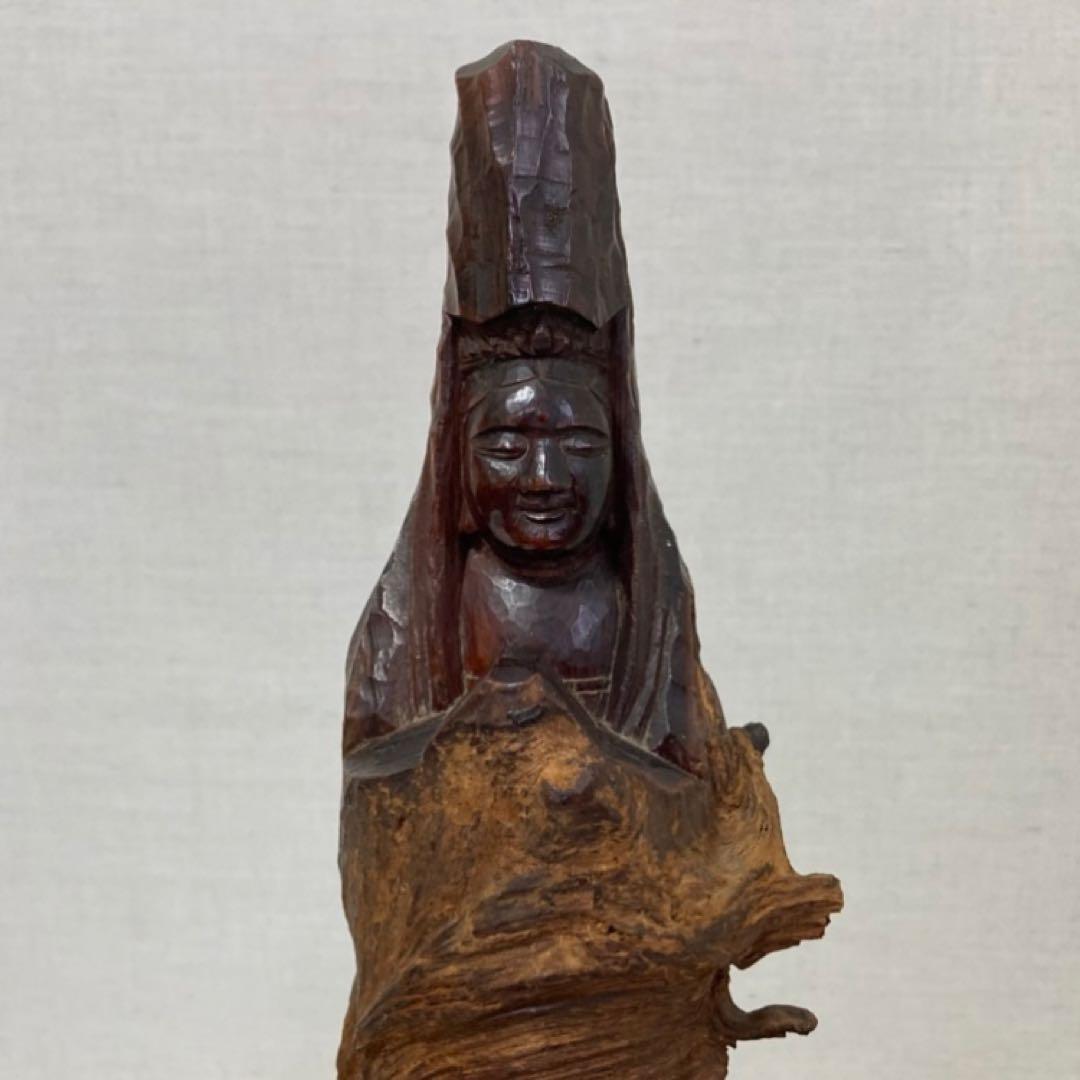 観音 菩薩 仏像 置物 オブジェ 木彫り 彫刻 木製 美術 工芸品 骨董 レトロ