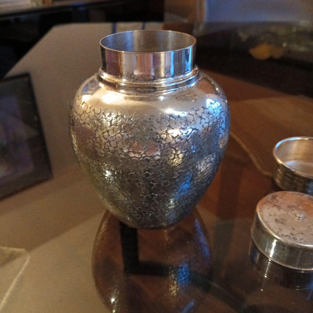 煎茶道具　錫半製　精錫　　茶心壷銀川堂製　いぶし銀茶壺　茶道具　銀製品