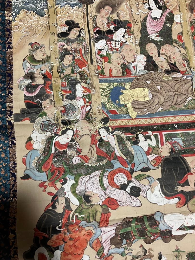 掛軸 超大幅 古仏画 『釈迦涅槃図』 紙本 肉筆 彩色 箱無 仏画 仏教美術