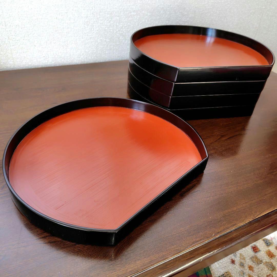 漆器 半円形深膳 5枚セット 朱色と黒　レトロ