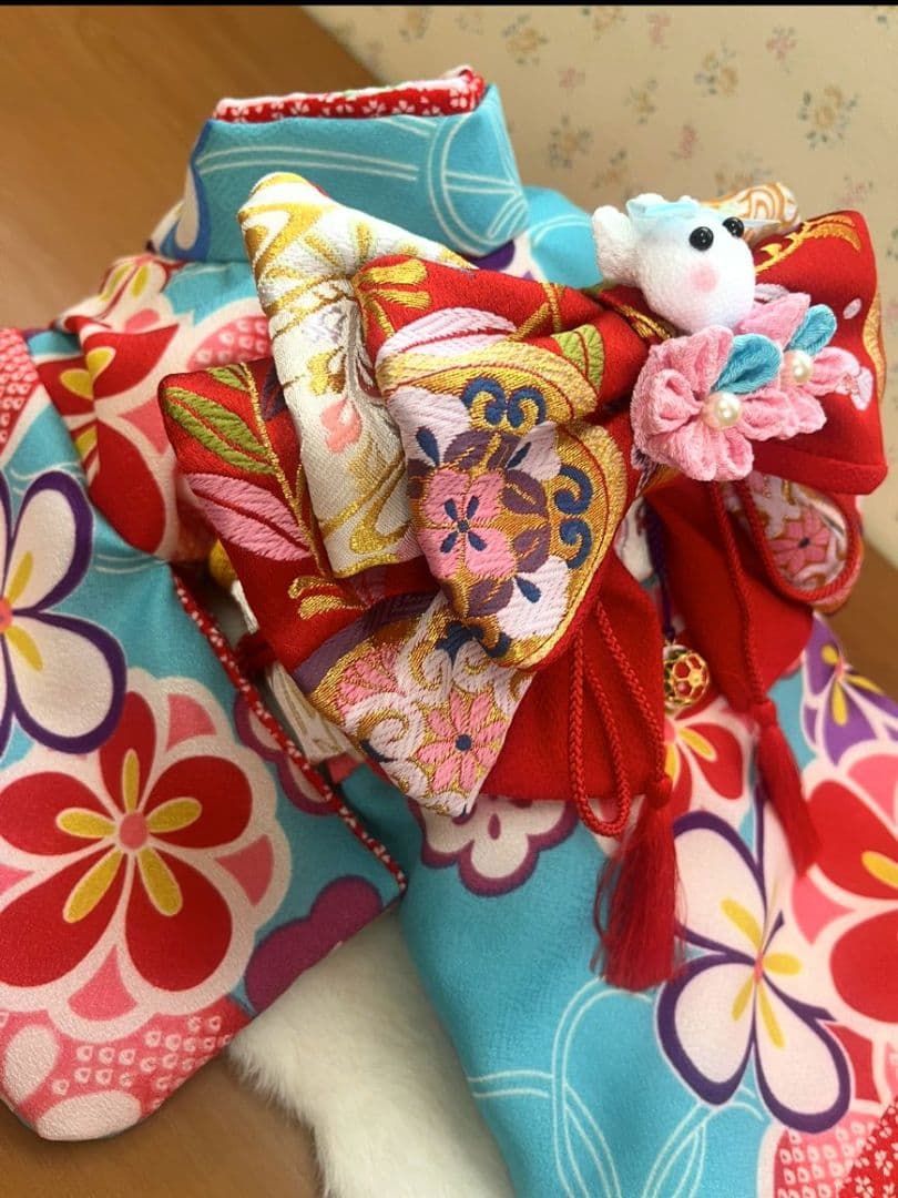 .‎˖٭*花柄水色犬用着物.‎˖٭*　犬服　犬服用お着物