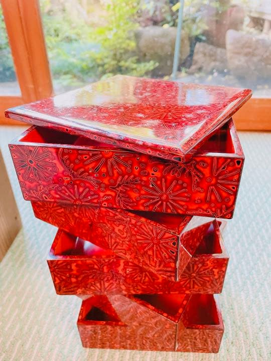 アンティーク品(昭和12年)5段 若狭塗りお重＆木箱のset