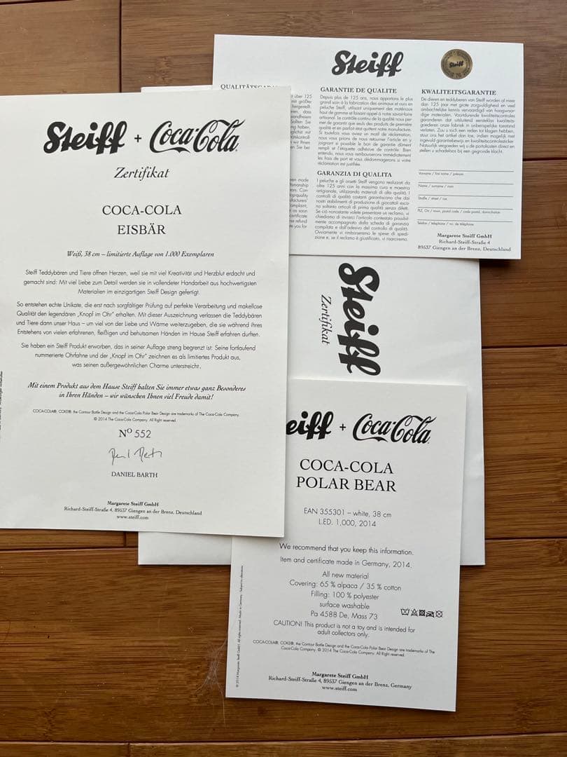 グ*ャ様 シュタイフ Coca-Cola ぬいぐるみ クマ 白