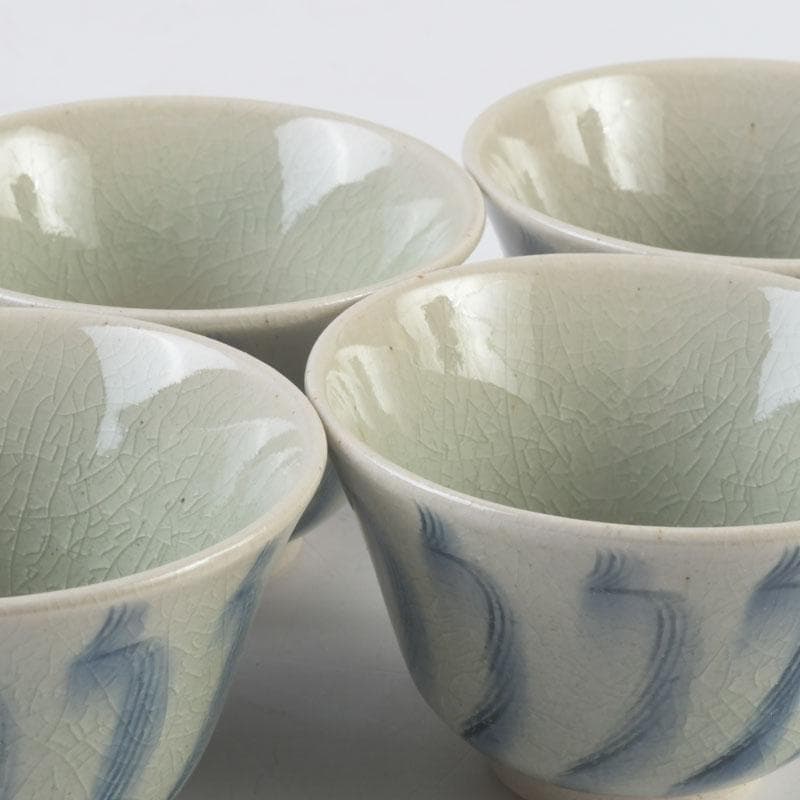 茶道具　御深井焼　南山窯　田沼春ニ作　染付　汲出茶碗　五客　共箱　V　9298