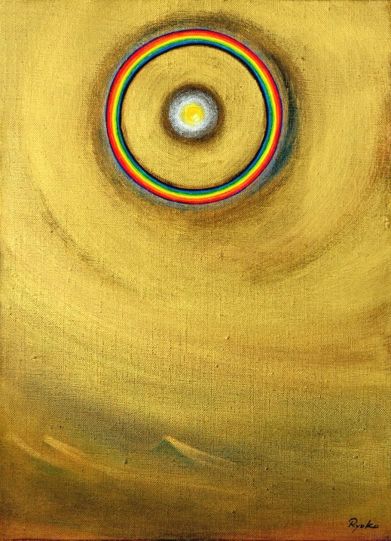 油絵 菅家令子 絵 絵画インテリア額付(青緑＋金色の枠)F4-G202023祈り