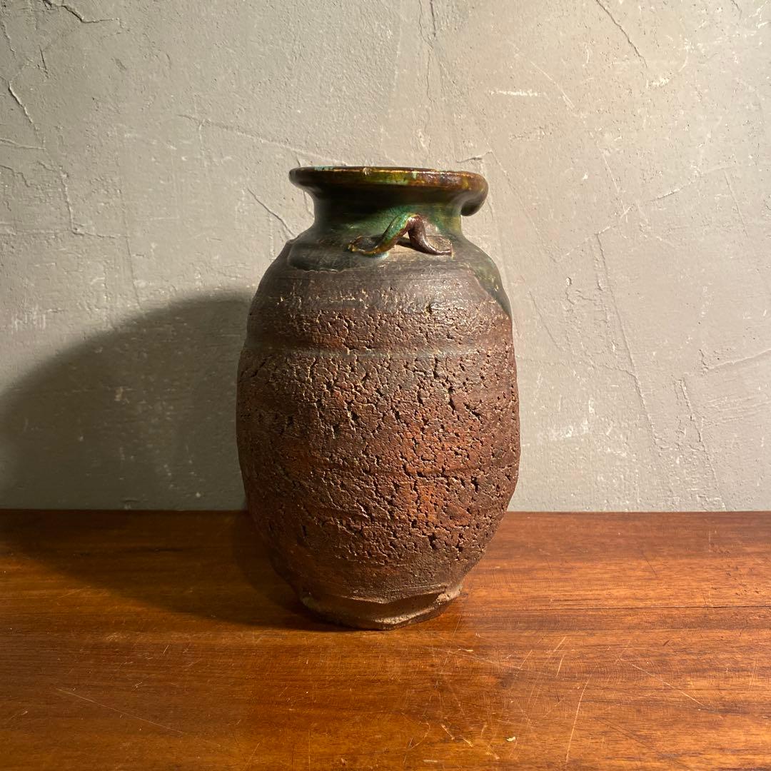 信楽焼 古仙堂 緑釉双耳花入 花瓶 花器 骨董品 時代物 インテリア