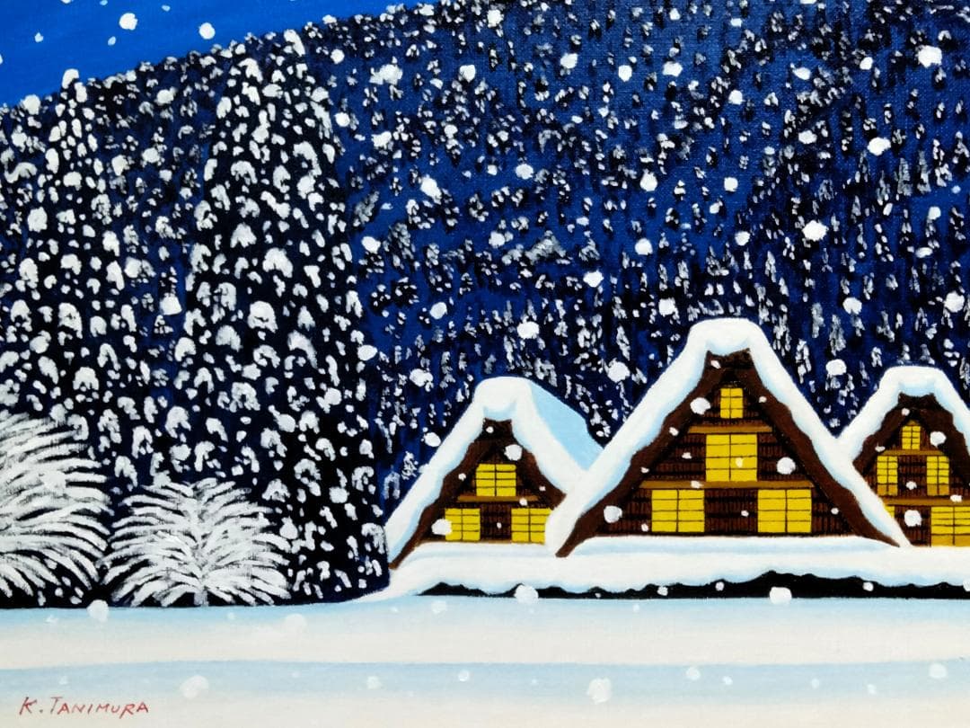 ★雪降る夜の白川郷・肉筆油彩画・F6キャンバス