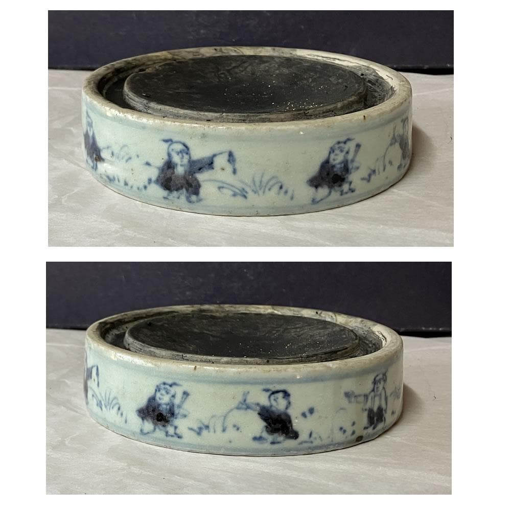 y051 陶硯 染付 唐子図 硯 巾11.5cm 茶道具 書道具 中国古美術