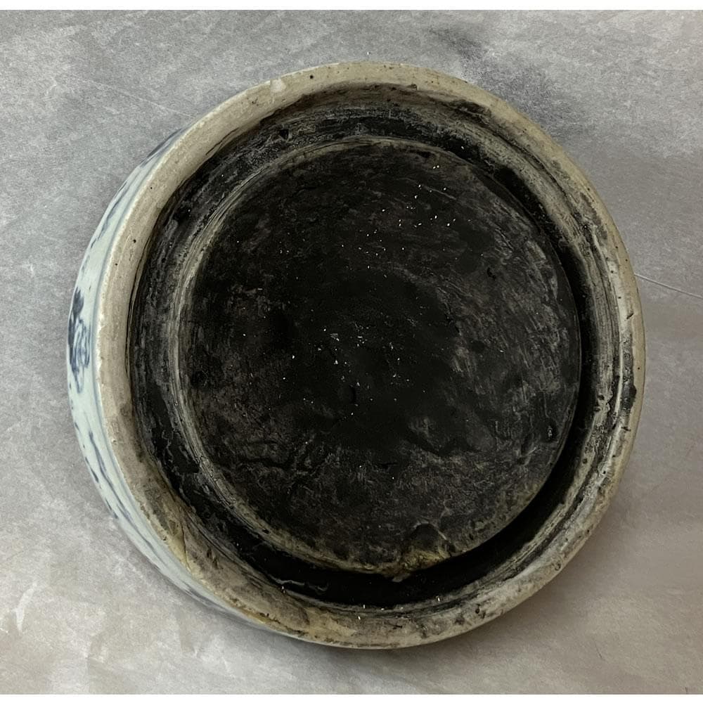 y051 陶硯 染付 唐子図 硯 巾11.5cm 茶道具 書道具 中国古美術