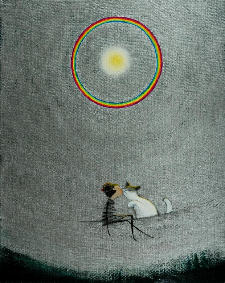 油絵 菅家令子 絵 絵画インテリア額付(淡い銀青緑) F3-031019猫女の子