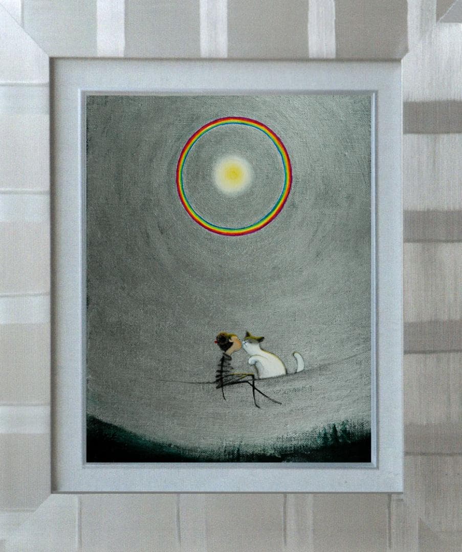 油絵 菅家令子 絵 絵画インテリア額付(淡い銀青緑) F3-031019猫女の子
