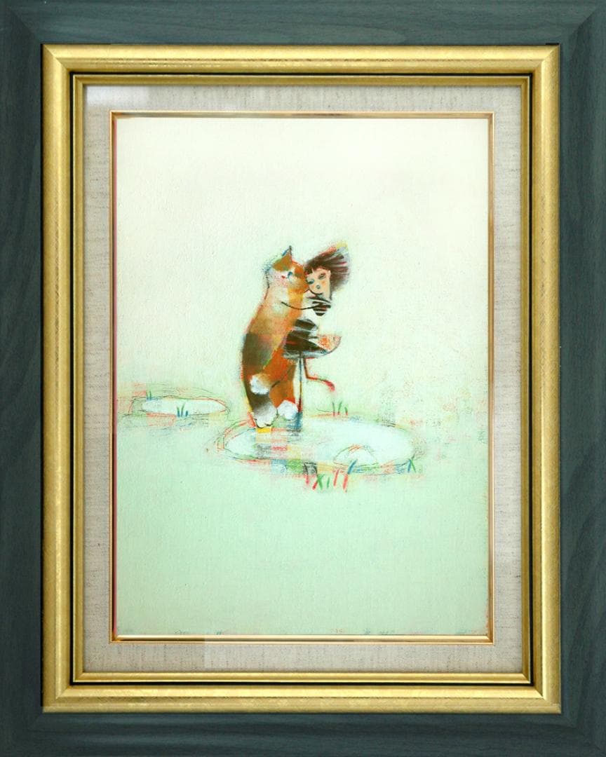 油絵 菅家令子 絵 絵画インテリア 額付(黒) F4-072719 子猫と女の子