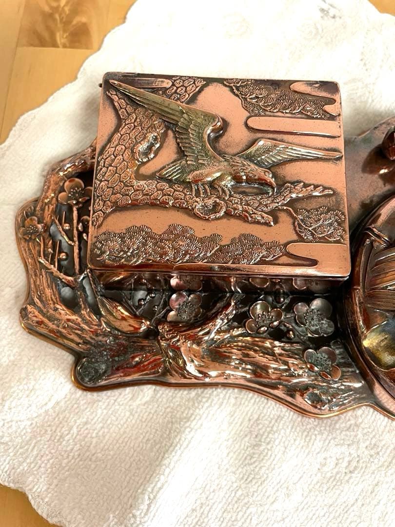 彫金細工、銅板細工、工芸品、タバコ入れと灰皿、昭和レトロ、アンティーク、骨董品