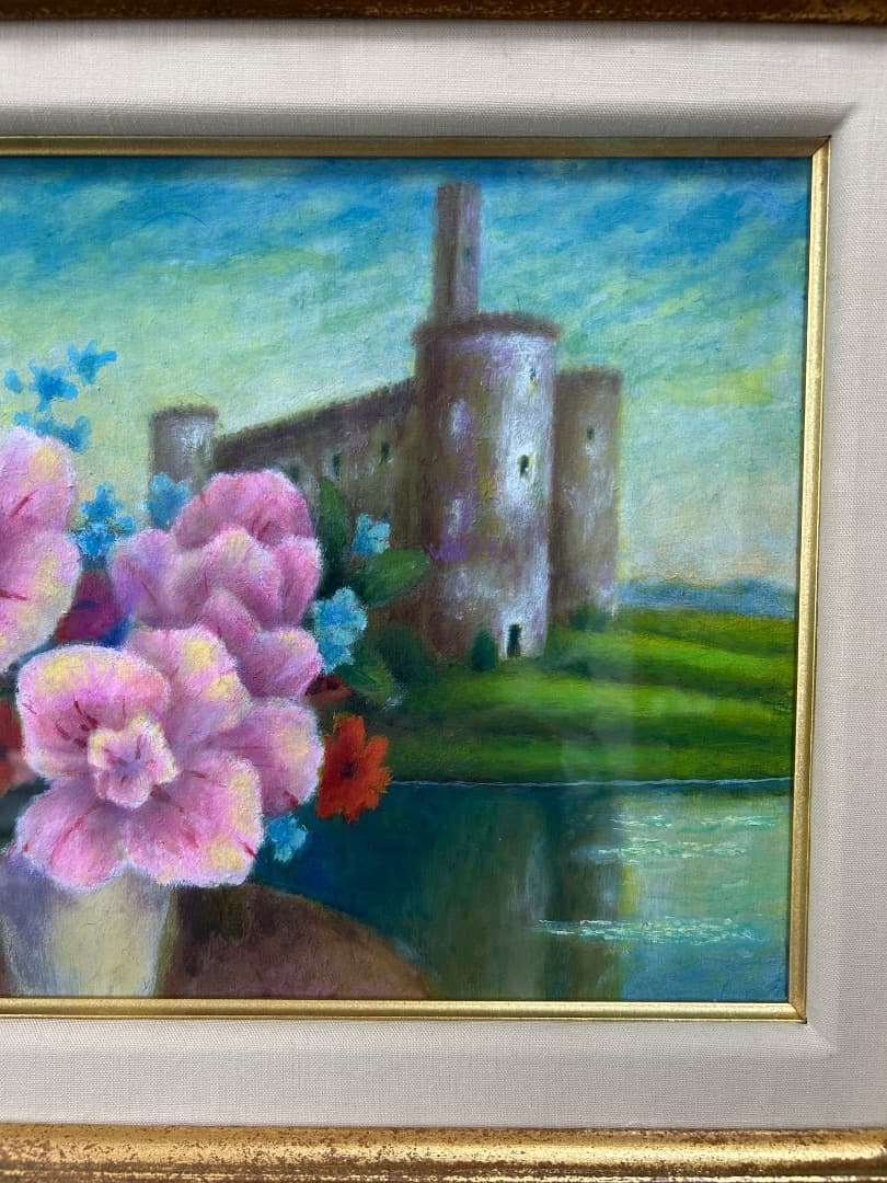 立松富雄作『花とシャトー (皐月)』(油彩)