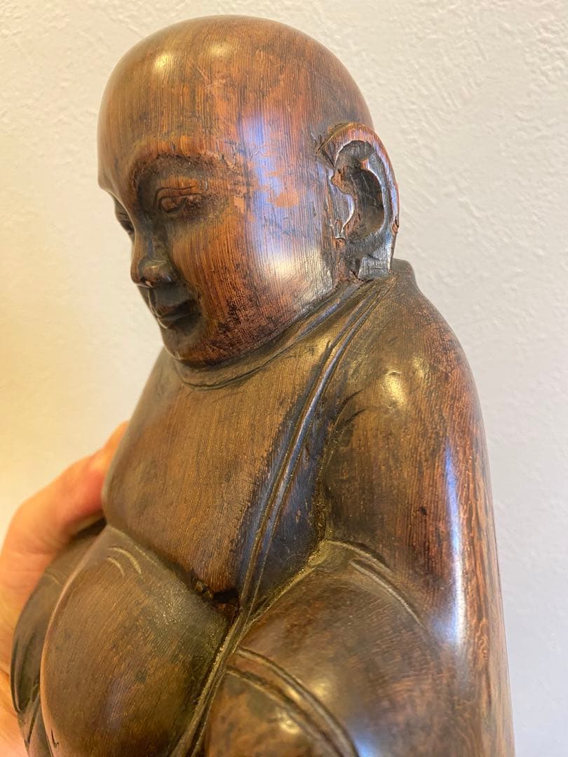 紫檀、黑檀彫刻布袋座佛像、高さ22cm重さ1799g