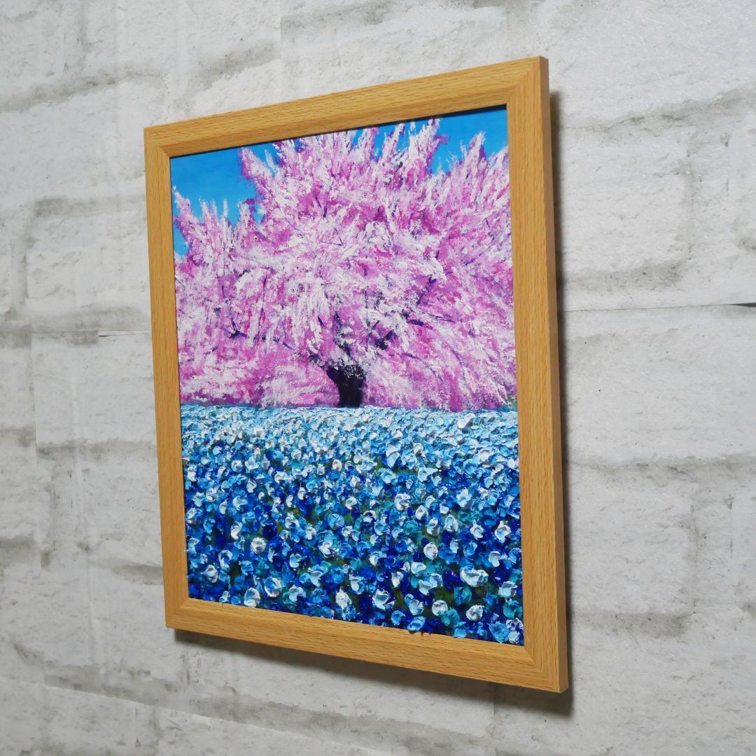 油絵 油彩 油彩画 絵 絵画【桜とネモフィラ】