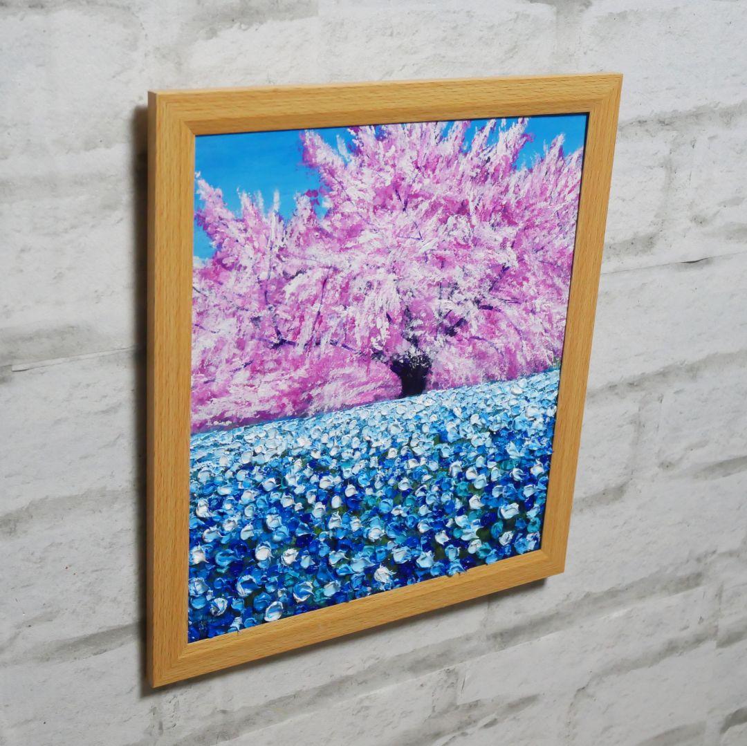 油絵 油彩 油彩画 絵 絵画【桜とネモフィラ】