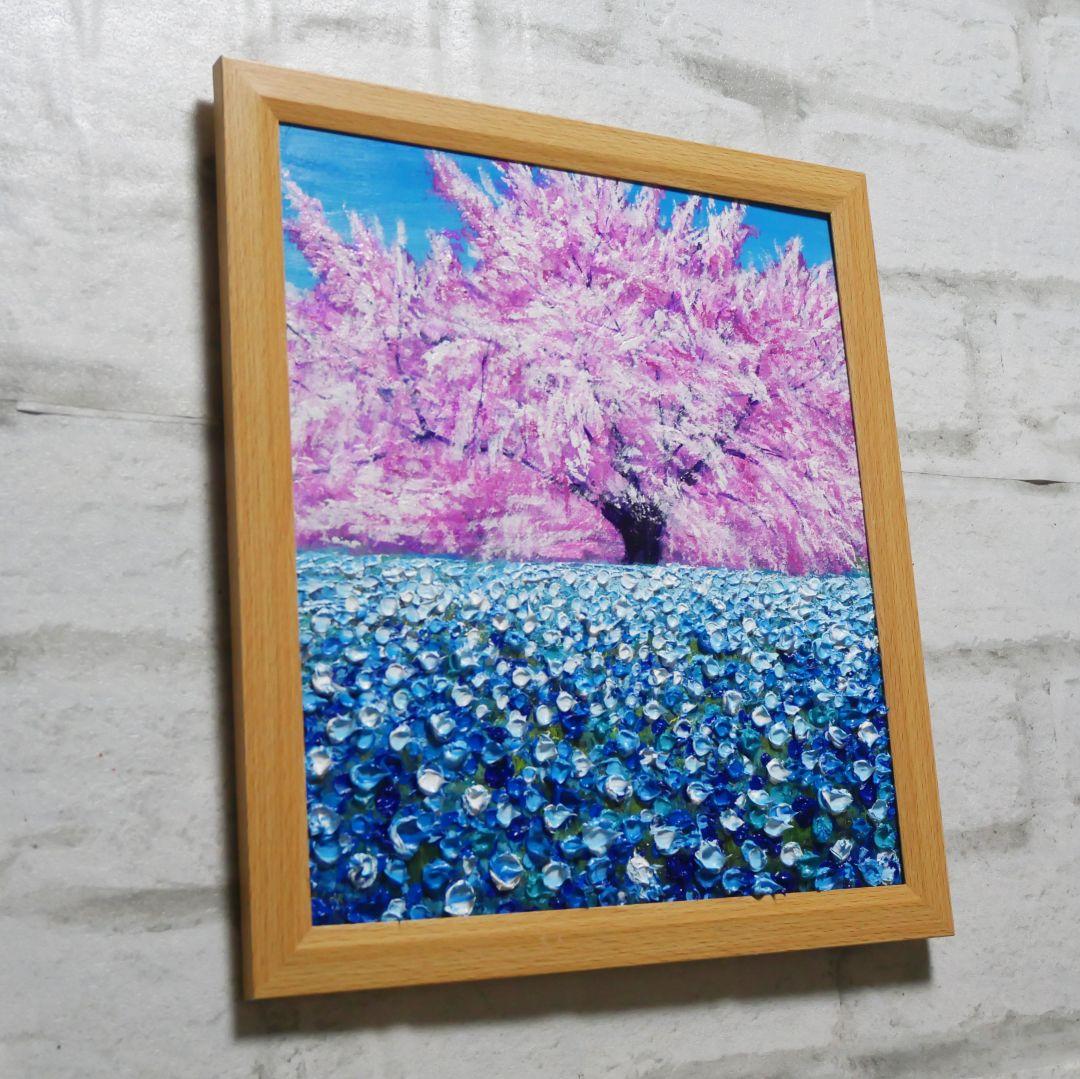 油絵 油彩 油彩画 絵 絵画【桜とネモフィラ】