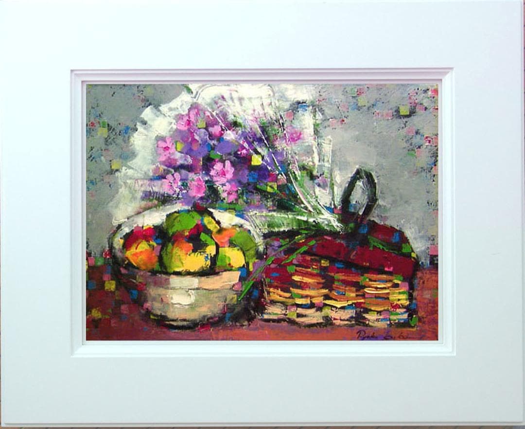 油絵 菅家令子絵 絵画インテリア額付(青緑＋金色の枠)uF6-062104花果物