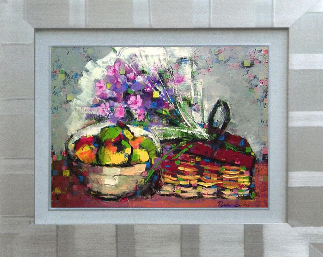 油絵 菅家令子絵 絵画インテリア額付(青緑＋金色の枠)uF6-062104花果物