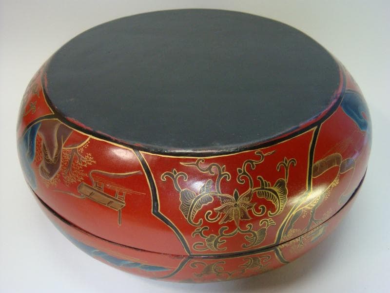 食籠■朱塗り漆器 古い蓋物 象嵌 菓子鉢 鳳凰 花唐草 魚 時代物 骨董品■