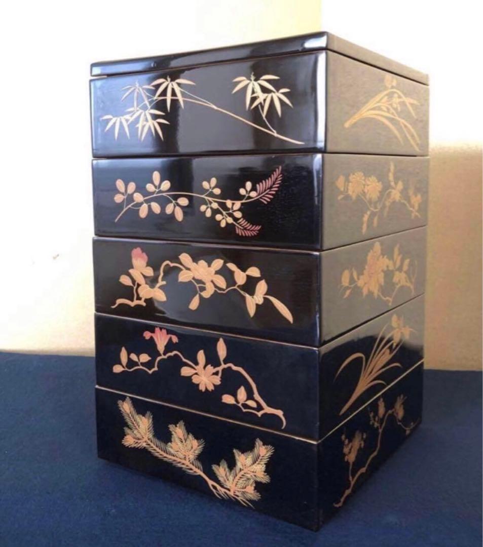 《レ》黒内朱 蒔絵付 五段重 替蓋付 木製漆器 木箱　251016い3
