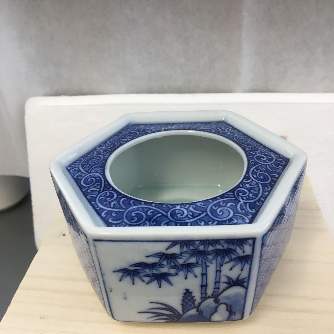 骨董品 青絵 六角灰皿 陶楽 造 Ｎ888Ｈ