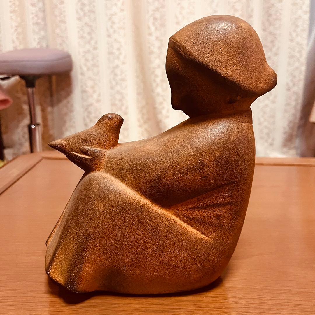 山本正道　鳩と少女　彫刻　オブジェ　女の子　青銅　鉄　鳥　骨董品　ビンテージ