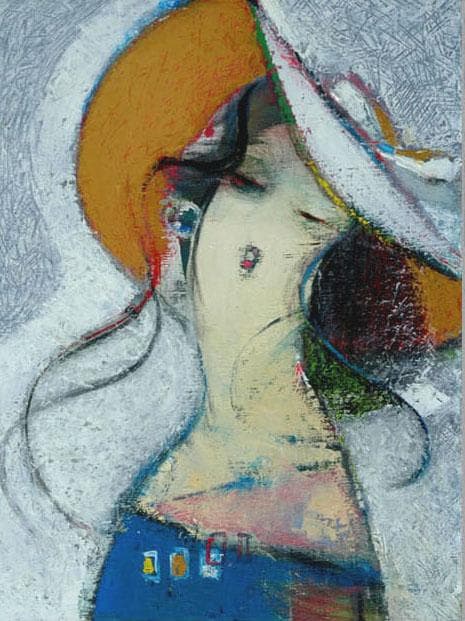 油絵 菅家令子 絵 絵画インテリア額付(青緑＋金色の枠) F6-081812女性